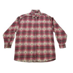 Vintage Southwestern Flannel Shirt Womens Medium M Red Gray Plaid Button Up